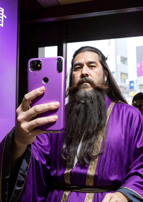 selfie photo of a wizard with long beard and purple robes, he is apparently in the middle of Tokyo. Probably taken from a phone.