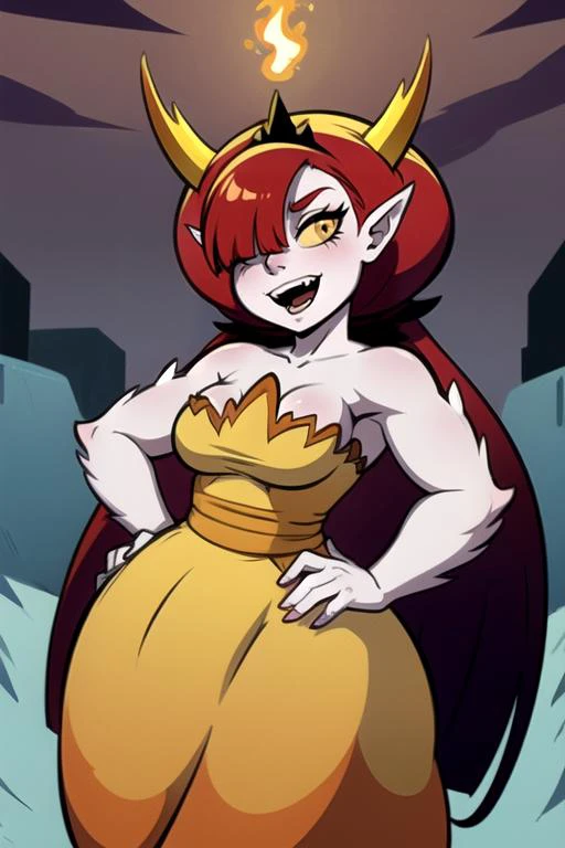 hekapooo, adult 1girl standing, full body, solo, long hair, breasts, smile, open mouth, very long hair, yellow eyes, red hair, pointy ears, fang, hair over one eye, (spiked arms), hand on hip, demon girl, fire, tiara, fake horns, grey skin, wide hips, thick thighs, strapless dress, yellow dress, bare shoulders