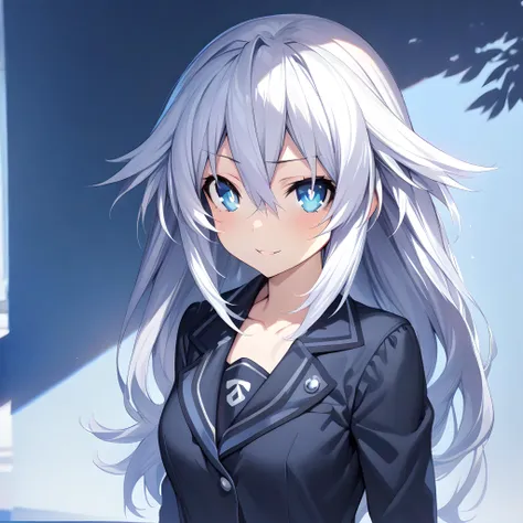 (masterpiece),(best quality),(ultra-detailed),(best illustration),(best shadow),(absurdres),(detailed background),(very aesthetic), 1girl, solo,  black_heart(neptunia), school uniform, pleated skirt, upper body, seductive smile, white hair, symbol-shaped pupils, blue eyes, hair between eyes, power symbol<lora:XL-BlackHeart:1>