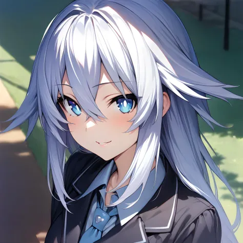 (masterpiece),(best quality),(ultra-detailed),(best illustration),(best shadow),(absurdres),(detailed background),(very aesthetic), 1girl, solo,  black_heart(neptunia), school uniform, pleated skirt, upper body, seductive smile, white hair, symbol-shaped pupils, blue eyes, hair between eyes, power symbol<lora:XL-BlackHeart:1>