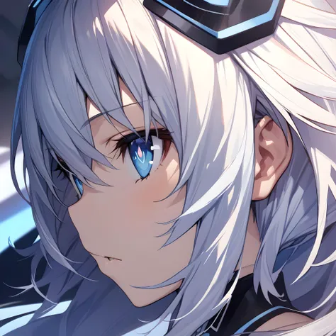 (masterpiece),(best quality),(ultra-detailed),(best illustration),(best shadow),(absurdres),(detailed background),(very aesthetic),  black_heart(neptunia), 1girl, solo, white hair, blue eyes, symbol shaped pupil, power symbol, very close-up, portrait,  <lora:XL-BlackHeart:1>