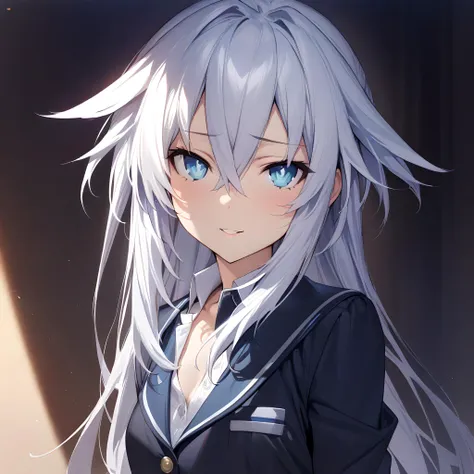 (masterpiece),(best quality),(ultra-detailed),(best illustration),(best shadow),(absurdres),(detailed background),(very aesthetic), 1girl, solo,  black_heart(neptunia), school uniform, pleated skirt, upper body, seductive smile, white hair, symbol-shaped pupils, blue eyes, hair between eyes, power symbol<lora:XL-BlackHeart:1>