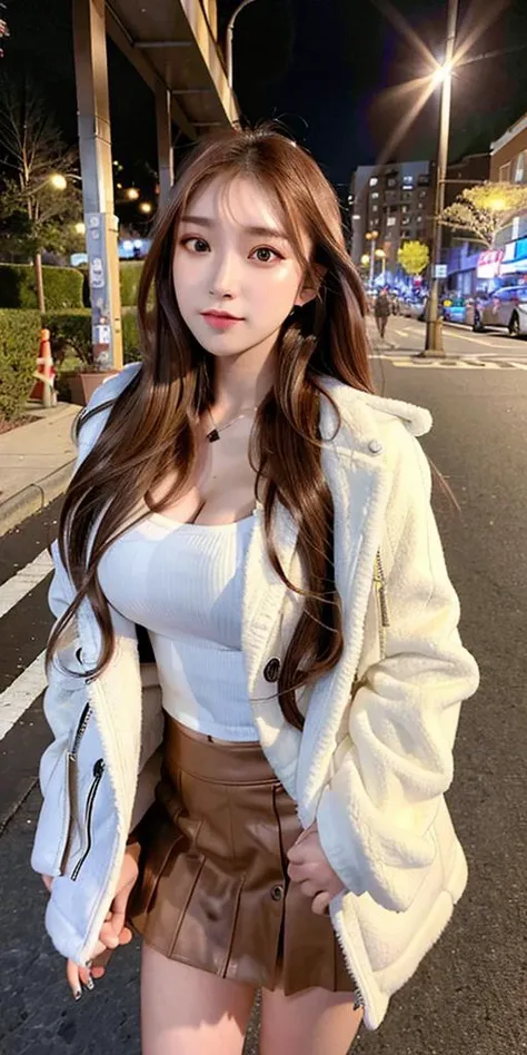 best quality, ultra high res, (photorealistic:1.4), 1girl, (Kpop idol), (aegyo sal:1),(brown long hair:1.3), (((puff eyes))), no bras, walking on the street , <lora:koreanDollLikeness_v10:0.4>, wear a coat and a mini skirt, <lora:taiwanDollLikeness_v10:0.5>