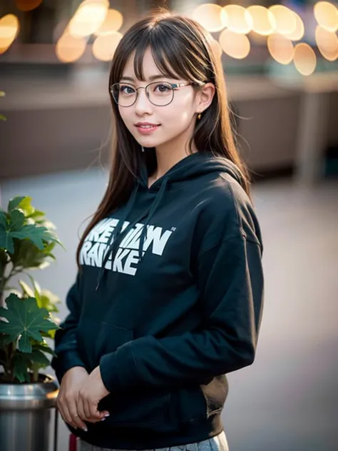 (8k, RAW photo, best quality, masterpiece:1.2), (realistic, photo-realistic:1.37), best quality, ultra high res, photon mapping, radiosity, physically-based rendering, 1girl, ((glasses)), ((hoodie)), ((sweatpants)), naughty face, cute, (laughing), (happy), (Kpop idol), (aegyo sal:1), ((puffy eyes)), looking at viewer, posing, (full body), large breasts, busty, cityscape, night, (bokeh:1.4), photographed with a nikon d850, Nikon AF-S nikkor 58mm f/1.4G lens, by Laurence Demaison, ((wink)), ((hair blown by air)) , <lora:japaneseDollLikeness_v10:0.5>