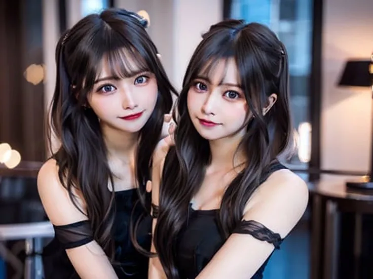 ((2grils)),face to face, bare shoulders, nighttime, midnight, dark, RTX, (no bra), photorealistic lighting, photo taken in modern house, extremely detailed flowing hair, realistic hair, realistic shadows, absurdres, hyperdetailed, 4k, (black eyes), (beautiful girl: 1.4), (masterpiece),Ultra Detail, (Best Quality), (Ultra High Definition), (Masterpiece), Photorealistic:1.3, smiling, <lora:japaneseDollLikeness_v10:0.7> , balanced pupil, symmetical pupil and iris,chromatic_aberration:0.8, dynamic_color_range, lens_distortion:0.7, (sitting:1.3),((Delicate hand)), from side, <lora:koreanDollLikeness_v10:0.3> <lora:guanxiaoyuRe_v10:0.5>
