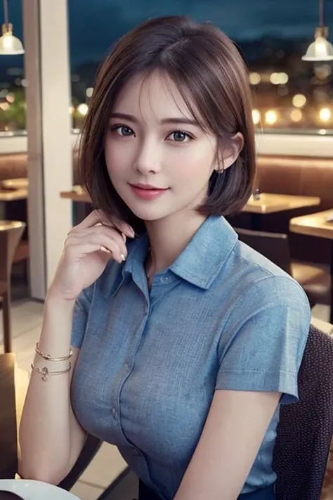 (8k, best quality, masterpiece:1.2), (realistic, photo-realistic:1.37), ultra-detailed, 1 girl, cute, solo, beautiful detailed sky, detailed cafe, night, sitting, dating, (nose blush), (smile:1.15), (closed mouth) small breasts, beautiful detailed eyes, (collared shirt:1.1), business attire, (short hair:1.2), floating hair NovaFrogStyle, <lora:taiwanDollLikeness_v10:0.2>, <lora:koreanDollLikeness_v15:0.2>, <lora:japaneseDollLikeness_v10:0.2>, <lora:breastinclassBetter_v13:0.3>,