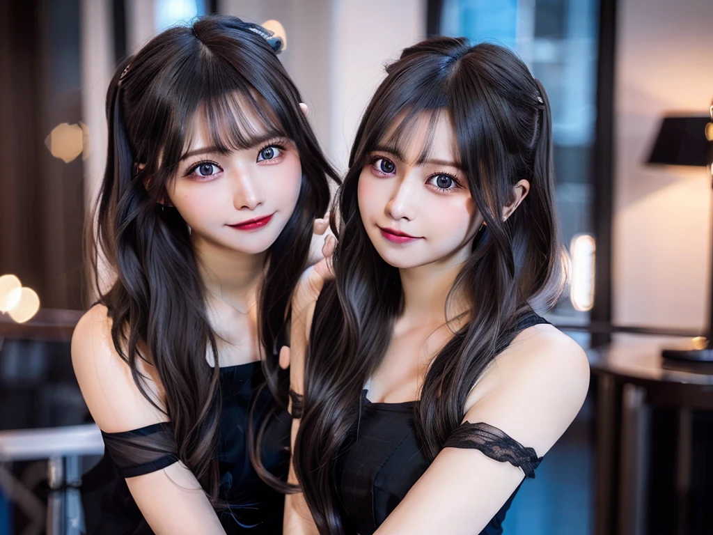 ((2grils)),face to face, bare shoulders, nighttime, midnight, dark, RTX, (no bra), photorealistic lighting, photo taken in modern house, extremely detailed flowing hair, realistic hair, realistic shadows, absurdres, hyperdetailed, 4k, (black eyes), (beautiful girl: 1.4), (masterpiece),Ultra Detail, (Best Quality), (Ultra High Definition), (Masterpiece), Photorealistic:1.3, smiling, <lora:japaneseDollLikeness_v10:0.7> , balanced pupil, symmetical pupil and iris,chromatic_aberration:0.8, dynamic_color_range, lens_distortion:0.7, (sitting:1.3),((Delicate hand)), from side, <lora:koreanDollLikeness_v10:0.3> <lora:guanxiaoyuRe_v10:0.5>