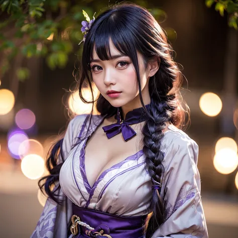 (((raw photo,8k))),(photorealistic:1.3),(masterpiece), (best quality), ultra high res, (best illustration), photon mapping,radiosity,best shadow,full-body shot,portrait,(((natural light))),backlighting,(solo:1.5),1girl,(long purple hair,single braid,blunt bangs),purple head ornament,beautiful detailed purple eyes,blush,light smile,closed mouth,medium breasts,((cleaveage cutout)),purple kimono,thighs,black thighhighs,high heels.looking at viewer,smooth,(bokeh:1.4),minecraft,forest, , photographed with a nikon d850, Nikon AF-S nikkor 58mm f/1.4G lens,<lora:raidenShogunRealistic_raidenshogun:0.6>, <lora:japaneseDollLikeness_v10:0.3>, <lora:koreanDollLikeness_v15:0.3>