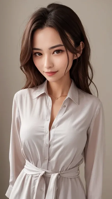 best quality, masterpiece, a head shot portrait of a woman wearing tie waist shirt dress, front