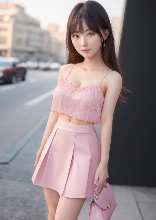 (extremely detailed CG unity 8k wallpaper), (masterpiece), (best quality), (ultra-detailed), (best illustration), (best shadow), (photorealistic:1.1),(PureErosFace_V1:0.7),((Camisole, pink miniskirt)),(Asia cute girl),(Asia sexy lady),(Asia gorgeous milf),real human skin, lens flare, shade, backlighting,(depth of field),(natural lighting),film grain,((1 girl)),ultra-high res, seductive smile,cute,(solo focus),(Shoulder length hair),(medium shot),30 y.o,((solo)),(glossy skin),cutea,close mouth,(looking at viewer),(look to the front),(smile512:0.3),(hold a handbag),(night),(open mouth;0.2),(riverside),standing,no make up