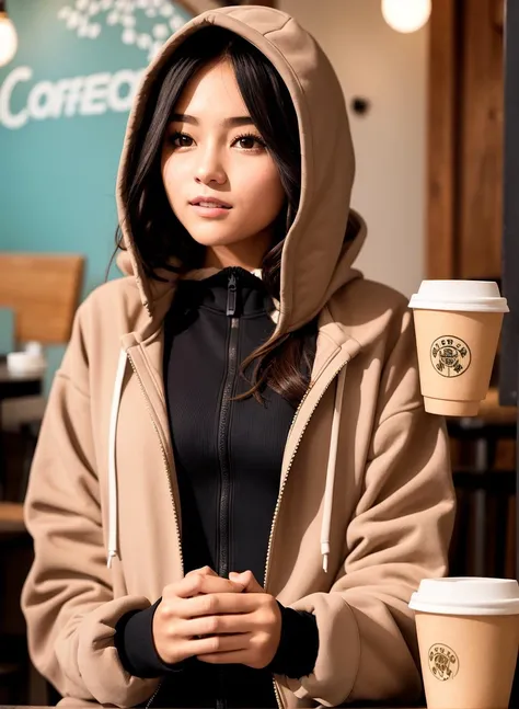 1girl, in a hoodie jacket, coffee shop