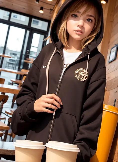 1girl, in a hoodie jacket, coffee shop