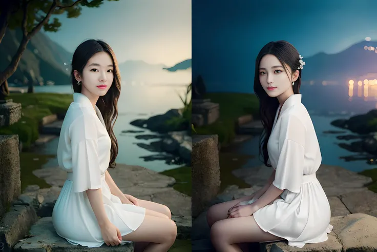 ((2grils, twins)),face to face, wear a white dress, nighttime, midnight, dark, RTX, photorealistic lighting, photo taken in ancient japan, extremely detailed flowing hair, realistic hair, realistic shadows, absurdres, hyperdetailed, 4k, (black eyes), (beautiful girl: 1.4), (masterpiece),Ultra Detail, (Best Quality), (Ultra High Definition), (Masterpiece), Photorealistic:1.3, smiling, balanced pupil, symmetical pupil and iris,chromatic_aberration:0.8, dynamic_color_range, lens_distortion:0.7, (sitting:1.3),((Delicate hand)), from side,full body, <lora:koreanDollLikeness_v20:0.5>, <lora:fashiongirl-lora-v4-naivae-4ep-1dim:0.2>,looking at viewer