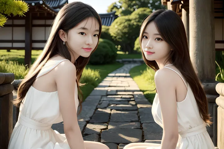((2grils, twins)),face to face, wear a white dress, nighttime, midnight, dark, RTX, photorealistic lighting, photo taken in ancient japan, extremely detailed flowing hair, realistic hair, realistic shadows, absurdres, hyperdetailed, 4k, (black eyes), (beautiful girl: 1.4), (masterpiece),Ultra Detail, (Best Quality), (Ultra High Definition), (Masterpiece), Photorealistic:1.3, smiling, balanced pupil, symmetical pupil and iris,chromatic_aberration:0.8, dynamic_color_range, lens_distortion:0.7, (sitting:1.3),((Delicate hand)), from side, <lora:koreanDollLikeness_v15:0.5>