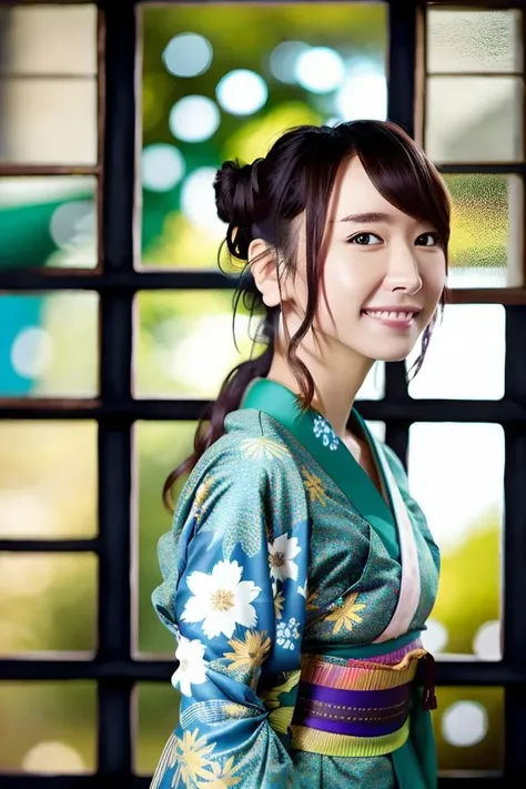 best quality, ultra high res, (photorealistic:1.4), RAW photo, (upper waist:1.4), (bokeh:1.7),(Window light only:1.6), (in bright japanese-style room:1.5),(bright:1.5),1japanese girl, (solo), (smile:1.2,open mouth:0.7), (dark brown eyes), natural skin, (brown updo hair,bangs),standing,(colorful floral kimono), ear ring,hair bow,hair ring,cosplay style, <lora:gakki:1.2>