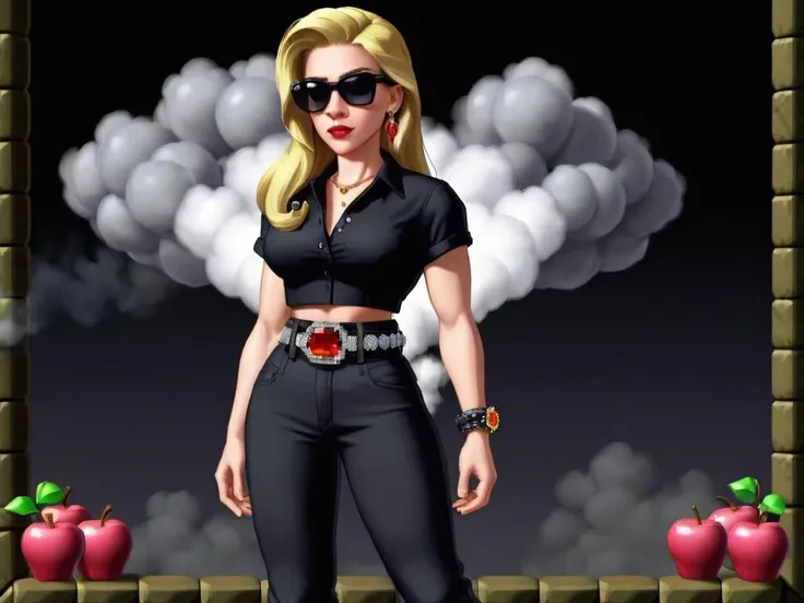 low-poly style <lora:FF-16BIT-XL--v0234:1> ff16bit a screenshot of an old computer game, infinite crystal ascent, spelunky, sierra entertainment games, sierra games, background of poison apples, inside the wishing well cavern, 2 d platformer, psx, 9 0 s games, golden apple, background of flowery hill, magical cave, chip 'n dale, jewel crown, apple pie a car that is in the air with smoke coming out of it, smoke debris, smoke and debris, hyperrealistic smoke, smoke and destruction, dirt and smoke background, (smoke), concept art. smoke, realistic smoke, smoke, smoke cloud, smoke behind wheels, smoke simulation, gritty realistic smoke, detailed smoke and dust, black smoke particles, toxic clouds <lora:FF.68.furtasticxl_BetaEPOCHS3.lora:0.41> a woman wearing a black shirt and black pants, 1girl, solo, jewelry, blonde hair, belt, earrings, sunglasses, shirt, pants, blurry background, bracelet, long hair, blurry, black shirt, short sleeves, cowboy shot, day, collared shirt, lips, black pants, outdoors, arms at sides, closed mouth, standing, buckle, belt buckle,(Provia:1.3) . low-poly game art, polygon mesh, jagged, blocky, wireframe edges, centered composition