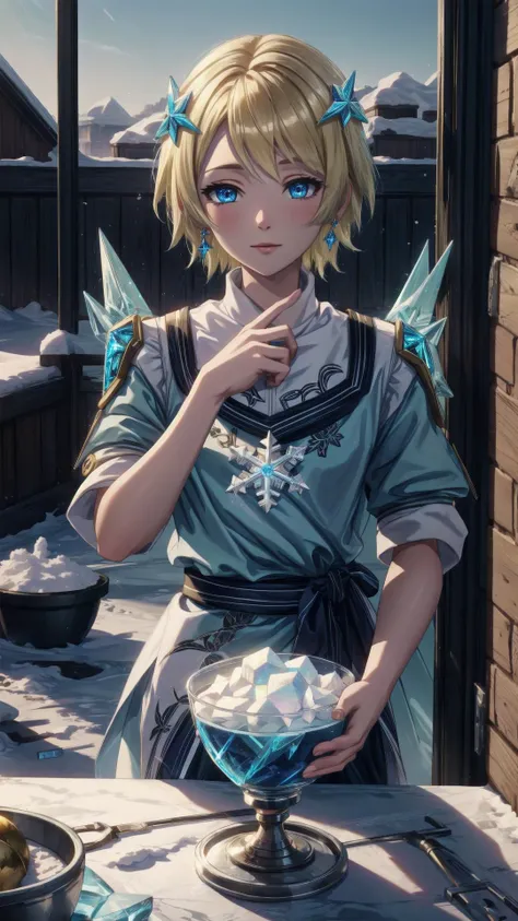 <lora:snowman-04:0.8> snowman, BREAK, <lora:FrostRaceTech-20:0.8> frostracetech, cryogenic, ice, snow, snowflakes, BREAK,  <lora:fjorm-fef:0.8> fjorm fe, 1girl, blonde hair, short hair, blue eyes, jewelry, BREAK, <lora:more_details:0.25>, masterpiece, best quality, extremely detailed, highly quality, 4k, sharp focus, professional, sharp focus, award winning, cinematic lighting, octane render, unreal engine, volumetrics dtx, Wallpaper,