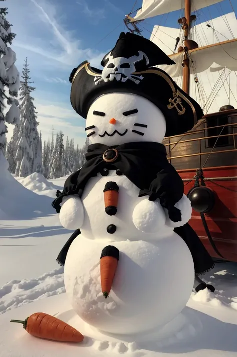picture of cute cat cat ears cat tail pirate clothes black pirate hat holding carrot made of snow pirate ship at background<lora:snowman:0.8> snowman, masterpiece, best quality, high quality, highres, ultra-detailed