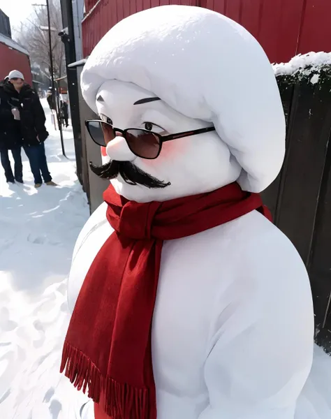 snowman, meme, parody, 1boy, male focus, hat, ((facial hair, red scarf, mustache)), scarf, blurry, leaf, sunglasses, solo, <lora:snowman-04:0.8>