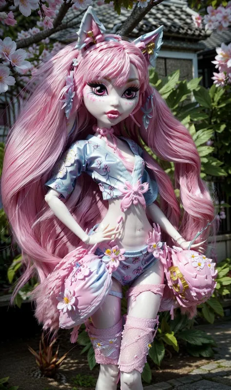 <lora:MonsterHighV1:0.8> a Blossom Ahri girl goddess with big detailed eyes and big lips and long pink dreadlocks wearing ahri blossom kimono pink white blue lingerie , pale skin , in a sakura blossom garden background , beautiful detailed face , slim body , full body , fox ears , blue bows , versace, rococo , iridescent, (masterpiece, top quality, best quality, official art, beautiful and aesthetic:1.2)