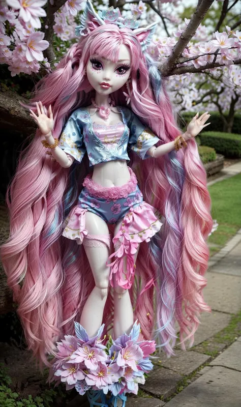 <lora:MonsterHighV1:0.8> a Blossom Ahri girl goddess with big detailed eyes and big lips and long pink dreadlocks wearing ahri blossom kimono pink white blue lingerie , pale skin , in a sakura blossom garden background , beautiful detailed face , slim body , full body , fox ears , blue bows , versace, rococo , iridescent, (masterpiece, top quality, best quality, official art, beautiful and aesthetic:1.2)