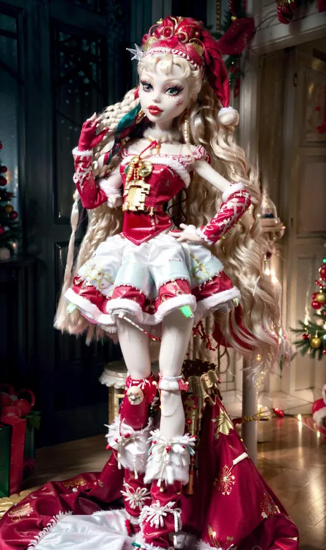 <lora:MonsterHighV1:0.8> <lora:AlinaV1:0.4> a Santa Claus girl with big detailed eyes and big lips and long white dreadlocks , wearing red white fur Christmas dress , pale skin , Christmas tree hall background , beautiful detailed face , slim body , full body , green neon lights , rococo, iridescent , (masterpiece, top quality, best quality, beautiful and aesthetic:1.2)