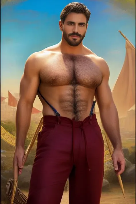 an attractive shirtless homoerotic young Michael with a heavy bulge in his naked overalls. french settler. featuring symbols from The Magician tarot card. highly detailed symmetrical painting by gaston bussiere, craig mullins, j. c. leyendecker, alphonse mucha. cinematic epic + rule of thirds. cinematic composition. concept art. ultra wide angle. 35mm. 8 k, masterpiece, best quality, highres, realistic, twink, chest hair, mustache