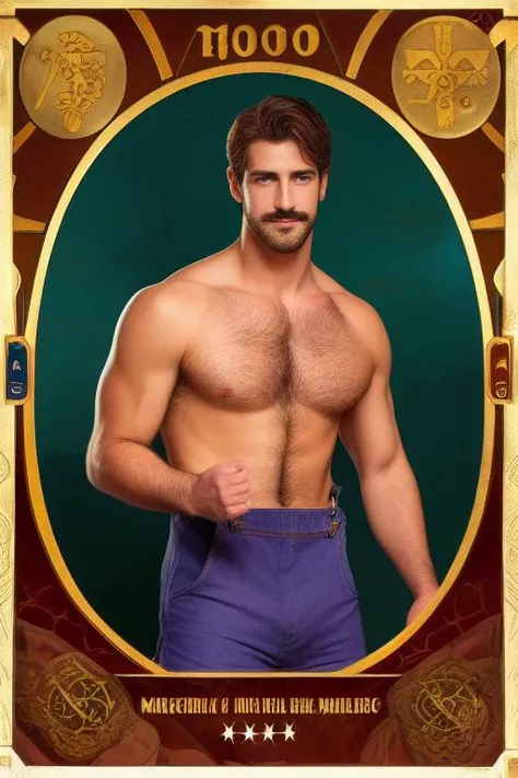 an attractive shirtless homoerotic young Michael with a heavy bulge in his naked overalls. french settler. featuring symbols from The Magician tarot card. highly detailed symmetrical painting by gaston bussiere, craig mullins, j. c. leyendecker, alphonse mucha. cinematic epic + rule of thirds. cinematic composition. concept art. ultra wide angle. 35mm. 8 k, masterpiece, best quality, highres, realistic, twink, chest hair, mustache, see-through