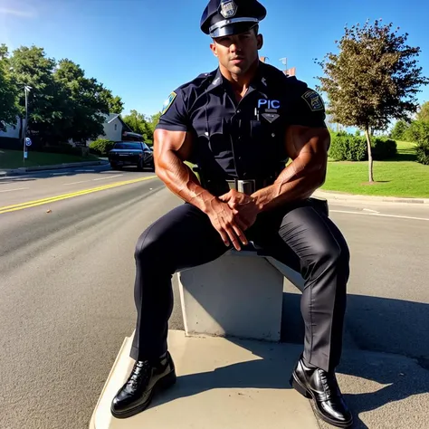 A (muscular), masculine, handsome (police officer) wearing a (tight police uniform) (sitting on the hood of a police cruiser) with his legs spread apart. High quality, best quality, masterpiece, realistic, photorealistic, (((((whole body))))), (((((full shot))))). <lora:bulgerksoft:0.9> <lora:BulkedUpAIR1.5:0.3>