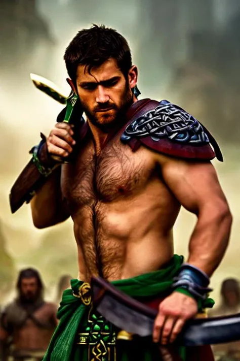 masterpiece, ((celtic+ warrior) (holding a greatsword+)), shirtless-, hairy chest, (dominant pose)+, heroic, epic, cinematic, masculine, (mists of avalon), real life skin, intricate, detailed, smooth, sharp focus, (homoerotic)+, volumetric fog, volumetric lighting, art by artgerm and greg rutkowski