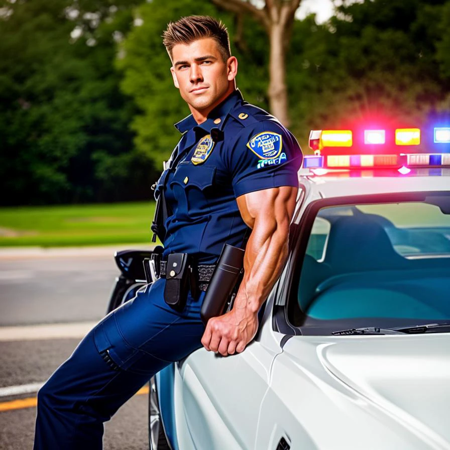 A (muscular), masculine, handsome (police officer) wearing a (tight police uniform) sitting on the hood of a police cruiser with his legs spread apart. High quality, best quality, masterpiece, realistic, photorealistic, (((((whole body))))), (((((full shot))))). <lora:bulgerksoft:0.6> <lora:BulkedUpAIR1.5:0.3>