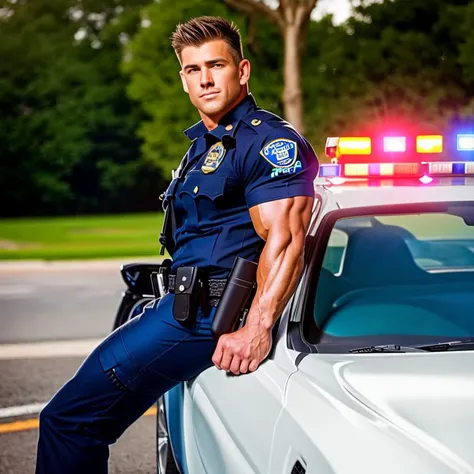 A (muscular), masculine, handsome (police officer) wearing a (tight police uniform) sitting on the hood of a police cruiser with his legs spread apart. High quality, best quality, masterpiece, realistic, photorealistic, (((((whole body))))), (((((full shot))))).  <lora:bulgerksoft:0.6> <lora:BulkedUpAIR1.5:0.3>