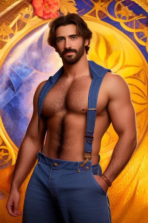 an attractive shirtless homoerotic young Michael with a heavy bulge in his naked overalls. french settler. featuring symbols from The Magician tarot card. highly detailed symmetrical painting by gaston bussiere, craig mullins, j. c. leyendecker, alphonse mucha. cinematic epic + rule of thirds. cinematic composition. concept art. ultra wide angle. 35mm. 8 k, masterpiece, best quality, highres, realistic, twink, chest hair, mustache, see-through