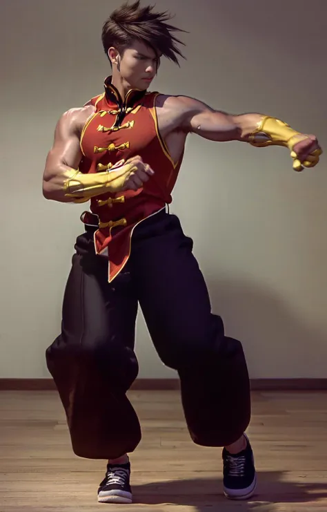 ((best quality)), ((masterpiece)), ((realistic)), (detailed)
<lora:Yang_lee:1>
ylee,
(( chinese shirt, red shirt,))
sleeveless,
spiked hair,
muscled arms,
yellow wristbands,
((black chinese pants, kick))
black sneakers,
chinese shirtless,
<lora:Enter_Dragon_v2:1>edblstyle,