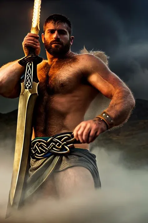 masterpiece, ((celtic+ warrior) (holding a greatsword+)), shirtless-, hairy chest, (dominant pose)+, heroic, epic, cinematic, masculine, (mists of avalon), real life skin, intricate, detailed, smooth, sharp focus, (homoerotic)+, volumetric fog, volumetric lighting, art by artgerm and greg rutkowski