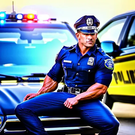 A (muscular), masculine, handsome (police officer) wearing a (tight police uniform) (sitting on the hood of a police cruiser) with his legs spread apart. High quality, best quality, masterpiece, realistic, photorealistic, (((((whole body))))), (((((full shot))))). <lora:bulgerksoft:0.9> <lora:BulkedUpAIR1.5:0.3>