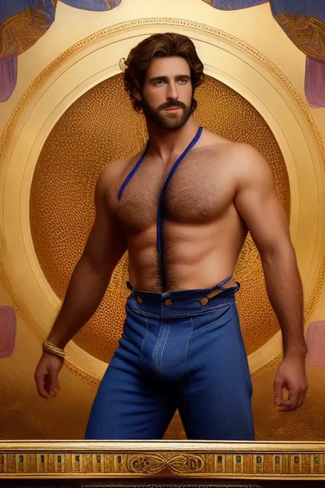an attractive shirtless homoerotic young Michael with a heavy bulge in his naked overalls. french settler. featuring symbols from The Magician tarot card. highly detailed symmetrical painting by gaston bussiere, craig mullins, j. c. leyendecker, alphonse mucha. cinematic epic + rule of thirds. cinematic composition. concept art. ultra wide angle. 35mm. 8 k, masterpiece, best quality, highres, realistic, twink, chest hair, mustache