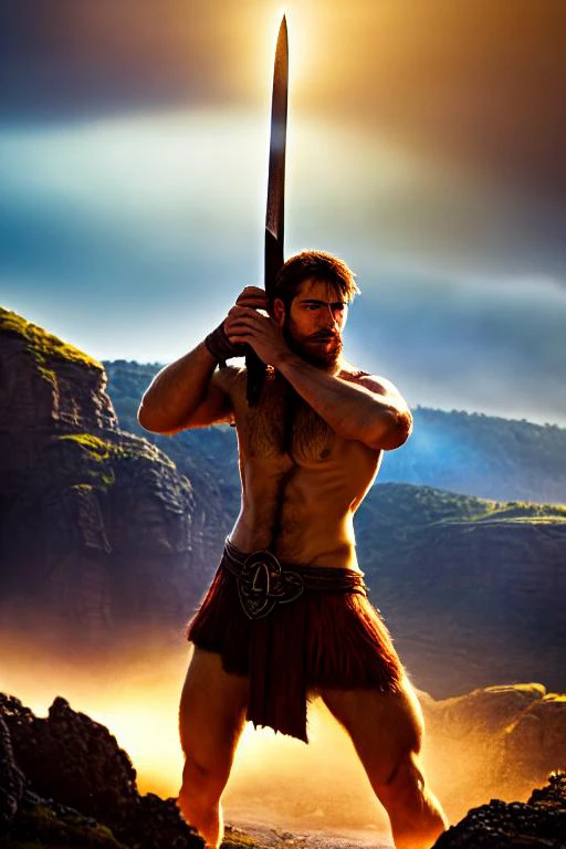 masterpiece, ((celtic+ warrior) (holding a greatsword+)), shirtless-, hairy chest, (dominant pose)+, heroic, epic, cinematic, masculine, (mists of avalon), real life skin, intricate, detailed, smooth, sharp focus, (homoerotic)+, volumetric fog, volumetric lighting, art by artgerm and greg rutkowski