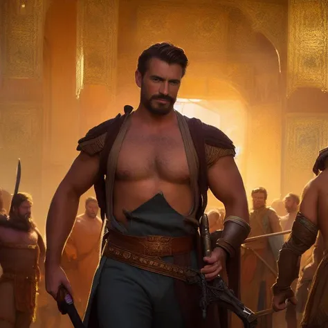 An man holding a sword.an attractive shirtless homoerotic young Michael with a heavy bulge in his naked overalls. ruggedly handsome french settler. highly detailed symmetrical painting by gaston bussiere, craig mullins, j. c. leyendecker, alphonse mucha. cinematic epic + rule of thirds. cinematic composition. concept art. ultra wide angle. 35mm. 8 k, masterpiece, best quality, highres, realistic, twink, chest hair, mustache, whole body, see-through