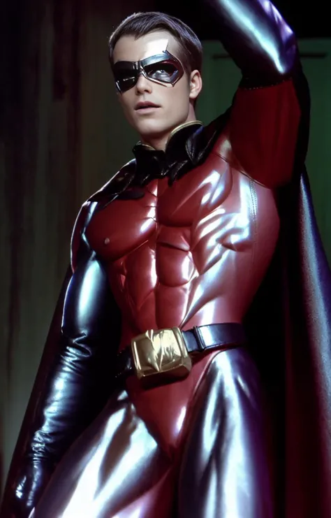 ((best quality)), ((masterpiece)), ((realistic)), (detailed)
muscular boy, narrow waist, Slim waist, shiny latex bodysuit, gloves, 1 boy, bulgej8, bara, brown eyes, arm up, stand, (versus), robin, black crotch, red cape, gloves, Cape, mask2, muscled outfit black, br, nipples, black belt, brown hair, short hair, gloves, <lora:Robin:1>
<lora:Enter_Dragon_v2:1>edblstyle,