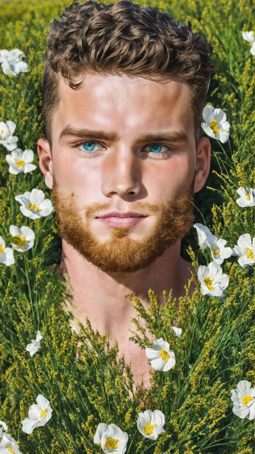 masterpiece, best quality, highres, absurdres, homoerotic (closeup portrait photo:1.1) of a jacked shirtless 20 y.o [gus kenworthy], gay, pensive look, 
(short curly hair), (hairy body:1.1), (gigantic huge muscles:1.2), [intricate detailed soft blue eyes], (highly detailed skin:1.3), (short stylish  beard:1.1), (sweaty skin:1.2), (wet:0.8), solo, face focus, 
in a field of tall grass and colorful flowers, warm, sky, sun, clouds, summer, 
volumetric lighting, photoshoot, photo, intricate details, highly detailed, 8k uhd, dslr, high quality, film grain, trending on artstation, by artgerm and greg rutkowski, intricate details, intense and powerful atmosphere
