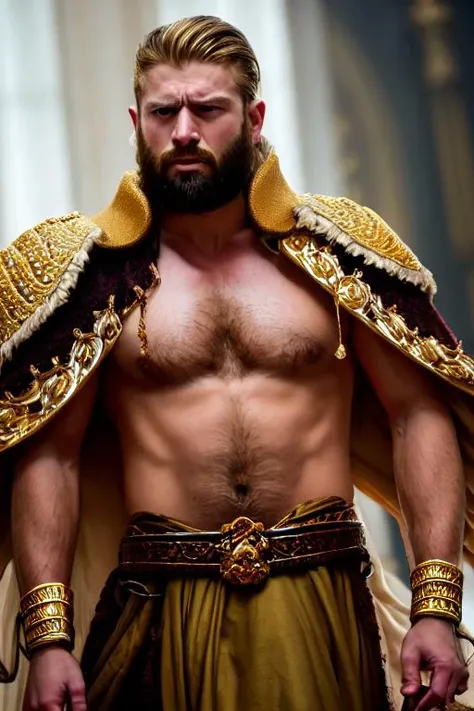 A noble- warlord+ with a refined beard, blonde, baroque, shirtless-, gold chains, (slave driver)++, hairy chest, barbaric+, regal, (sexy+ dominant pose)+, aggressive++, angry++, real life skin, intricate, elegant, detailed, artstation, evil, smooth, sharp focus, (gay porn)+, art by artgerm and greg rutkowski and alphonse mucha