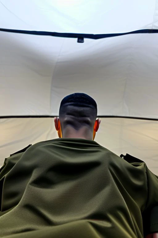 Detailed (full body:0.7) photograph of a 26 year old (slim:0.48) Hispanic (handsome:1.28) officer, (Wearing SWAT gear:1.4), Black hair, Crew cut high fade, Prominent jaw, Body hair, (Goatee:0.4), He is looking down at the viewer, Horny look, (Tattooed:0.85), (Photo is taken in a military tent), (Shot from below:1.25), Bulge, low_angle_human, (Fisheye lens:0.8) <lora:low_angle_human:0.65>