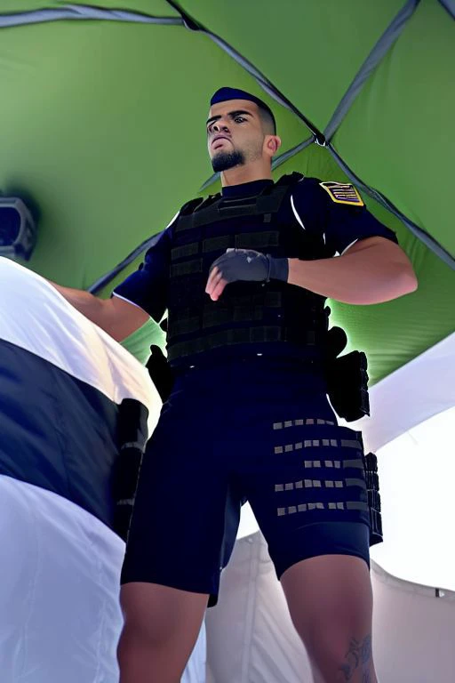 Detailed (full body:0.7) photograph of a 26 year old (slim:0.48) Hispanic (handsome:1.28) officer, (Wearing SWAT gear:1.4), Black hair, Crew cut high fade, Prominent jaw, Body hair, (Goatee:0.4), He is looking down at the viewer, Horny look, (Tattooed:0.85), (Photo is taken in a military tent), (Shot from below:1.25), Bulge, low_angle_human, (Fisheye lens:0.8) <lora:low_angle_human:0.65>