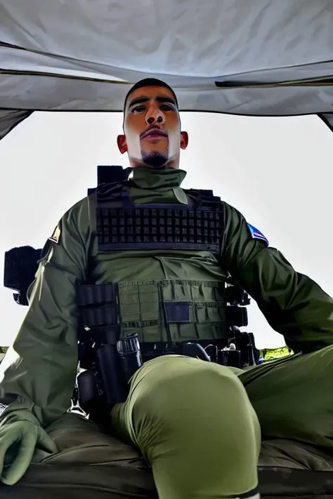 Detailed (full body:0.7) photograph of a 26 year old (slim:0.48) Hispanic (handsome:1.28) officer, (Wearing SWAT gear:1.4), Black hair, Crew cut high fade, Prominent jaw, Body hair, (Goatee:0.4), He is looking down at the viewer, Horny look, (Tattooed:0.85), (Photo is taken in a military tent), (Shot from below:1.25), Bulge, low_angle_human, (Fisheye lens:0.8) <lora:low_angle_human:0.65>