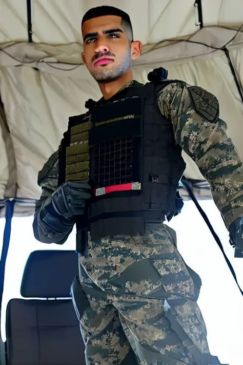 Detailed (full body:0.7) photograph of a 26 year old (slim:0.48) Hispanic (handsome:1.28) officer, (Wearing SWAT gear:1.4), Black hair, Crew cut high fade, Prominent jaw, Body hair, (Goatee:0.4), He is looking down at the viewer, Horny look, (Tattooed:0.85), (Photo is taken in a military tent), (Shot from below:1.25), Bulge, low_angle_human, (Fisheye lens:0.8) <lora:low_angle_human:0.65>