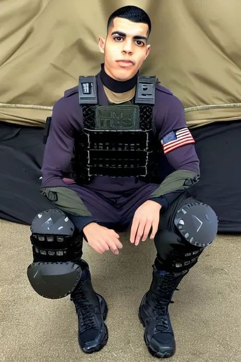 Detailed (full body:0.7) photograph of a 26 year old (slim:0.48) Hispanic (handsome:1.28) officer, (Wearing SWAT gear:1.4), Black hair, Crew cut high fade, Prominent jaw, Body hair, (Goatee:0.4), He is looking down at the viewer, Horny look, (Tattooed:0.85), (Photo is taken in a military tent), (Shot from below:1.25), Bulge, low_angle_human, (Fisheye lens:0.8) <lora:low_angle_human:0.65>