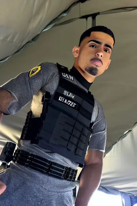 Detailed (full body:0.7) photograph of a 26 year old (slim:0.48) Hispanic (handsome:1.28) officer, (Wearing SWAT gear:1.4), Black hair, Crew cut high fade, Prominent jaw, Body hair, (Goatee:0.4), He is looking down at the viewer, Horny look, (Tattooed:0.85), (Photo is taken in a military tent), (Shot from below:1.25), Bulge, low_angle_human, (Fisheye lens:0.8) <lora:low_angle_human:0.65>