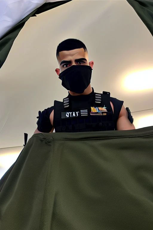 Detailed (full body:0.7) photograph of a 26 year old (slim:0.48) Hispanic (handsome:1.28) officer, (Wearing SWAT gear:1.4), Black hair, Crew cut high fade, Prominent jaw, Body hair, (Goatee:0.4), He is looking down at the viewer, Horny look, (Tattooed:0.85), (Photo is taken in a military tent), (Shot from below:1.25), Bulge, low_angle_human, (Fisheye lens:0.8) <lora:low_angle_human:0.65>