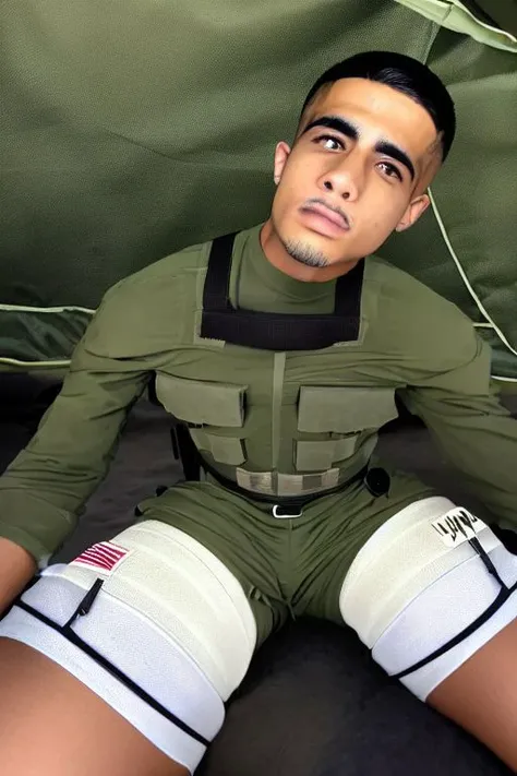 Detailed (full body:0.7) photograph of a 26 year old (slim:0.48) Hispanic (handsome:1.28) officer, (Wearing SWAT gear:1.4), Black hair, Crew cut high fade, Prominent jaw, Body hair, (Goatee:0.4), He is looking down at the viewer, Horny look, (Tattooed:0.85), (Photo is taken in a military tent), (Shot from below:1.25), Bulge, low_angle_human, (Fisheye lens:0.8) <lora:low_angle_human:0.65>